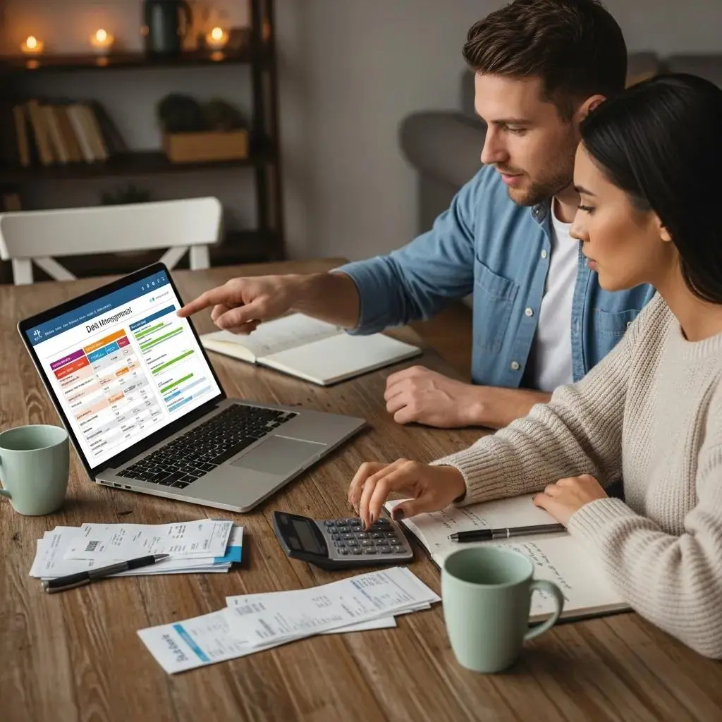 Couple discussing finances and debt management plan at a dining table