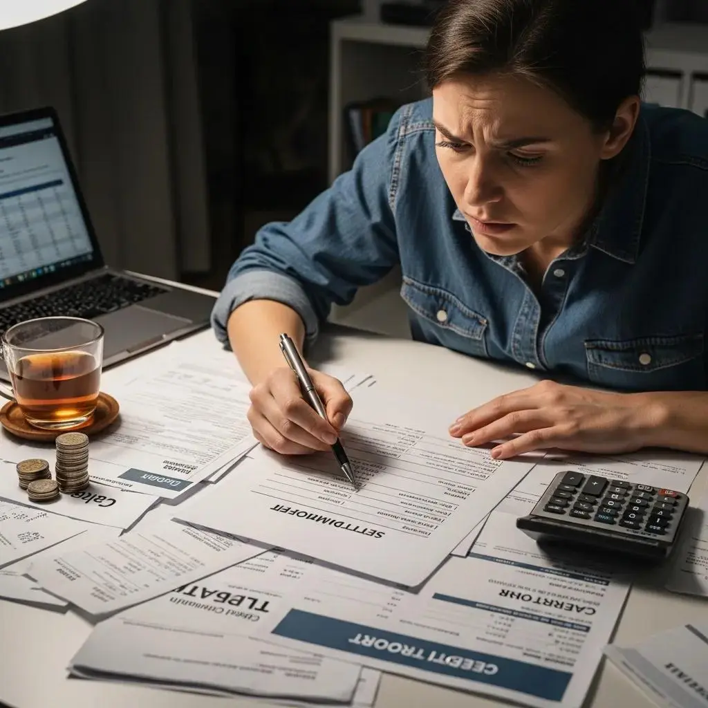 Person reviewing debt settlement paperwork with a concerned expression