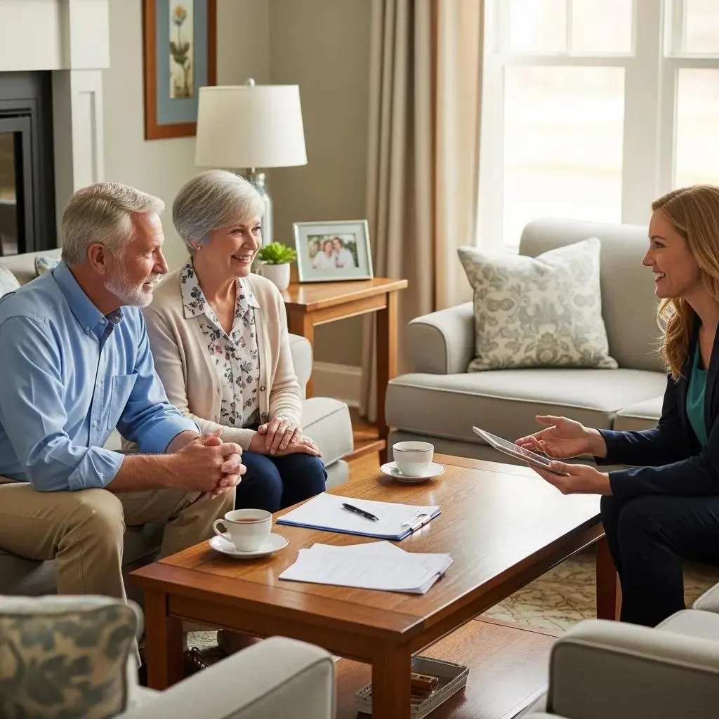 Senior couple discussing financial options in a cozy living room, representing reverse mortgages for debt relief