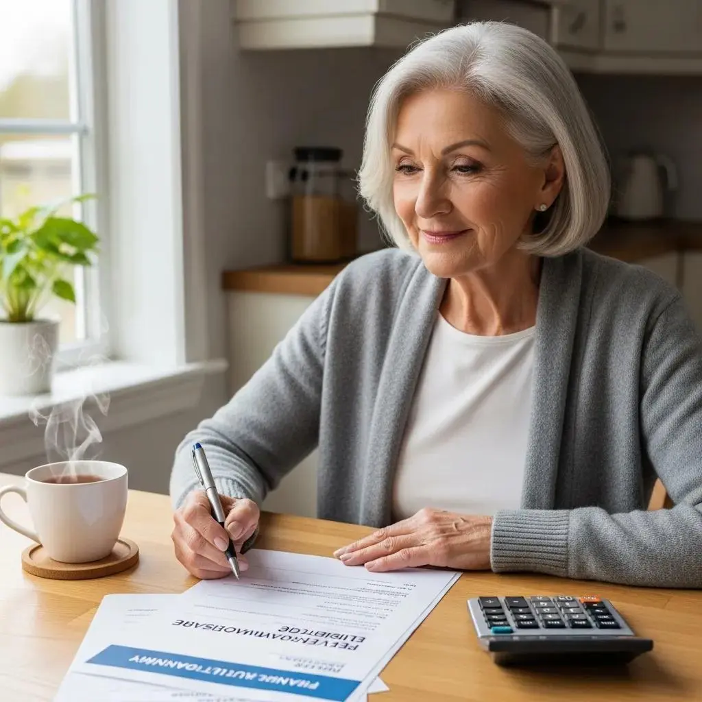 Senior woman reviewing financial documents at her kitchen table, highlighting reverse mortgage eligibility
