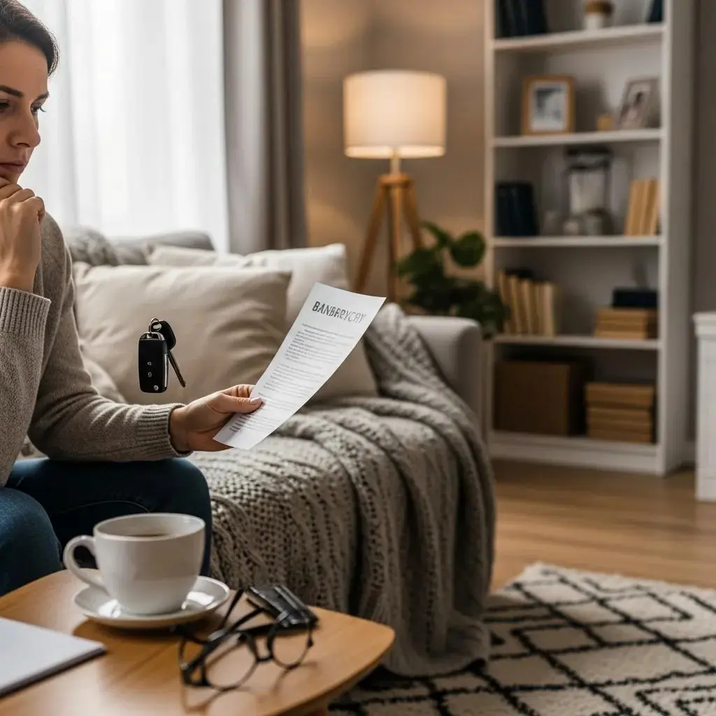 Person contemplating car loan and bankruptcy in a cozy living room setting