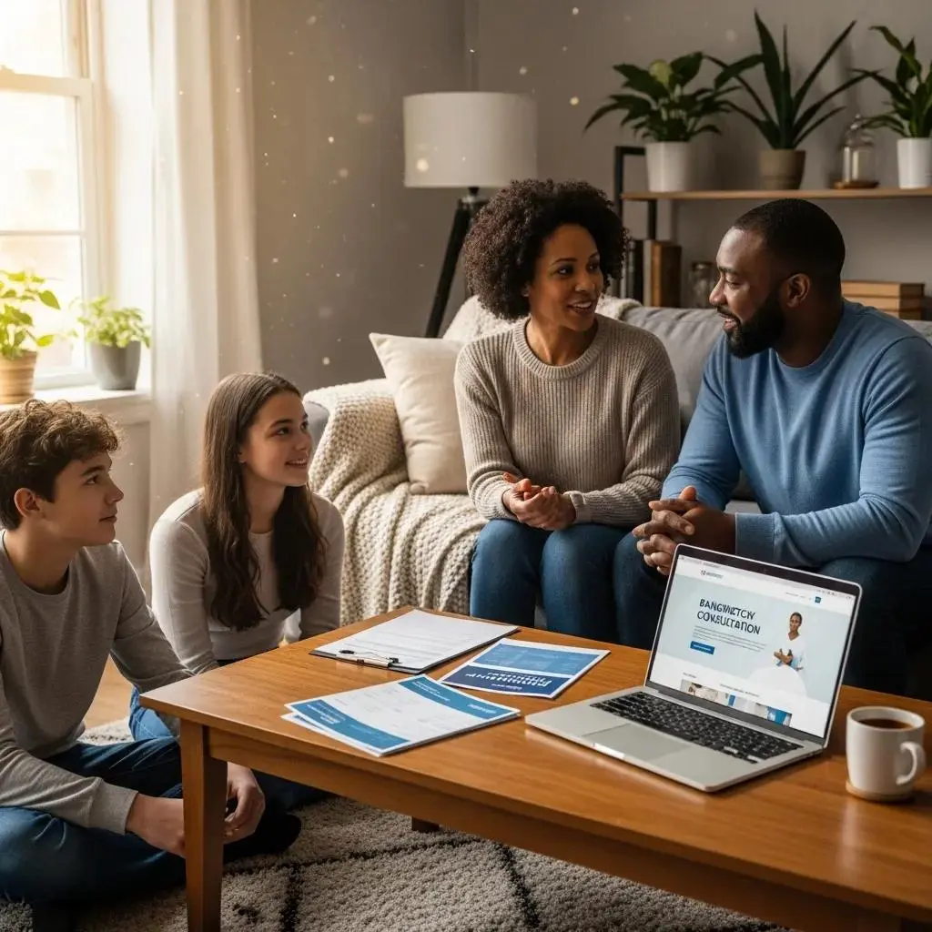 Family discussing financial matters in a cozy living room, emphasizing hope and security during bankruptcy