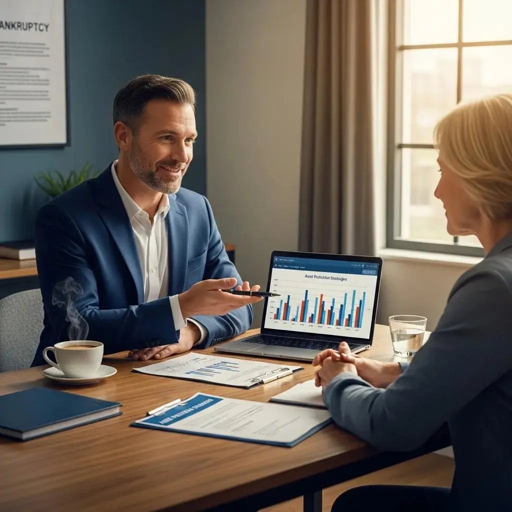 Professional advising a client on bankruptcy strategies in a modern office, emphasizing asset protection
