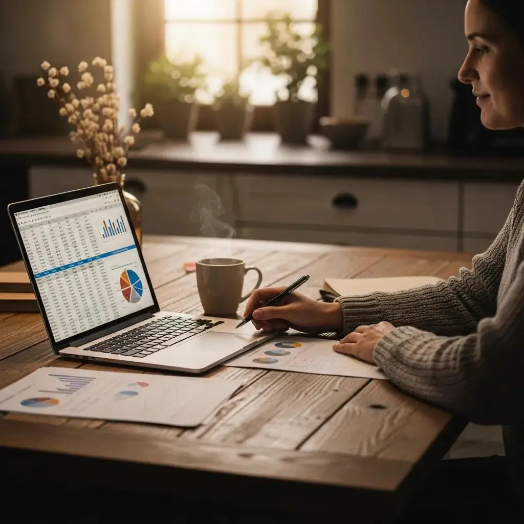 Woman analyzing financial data on laptop, taking notes with pen, coffee cup nearby, in a cozy workspace with plants.