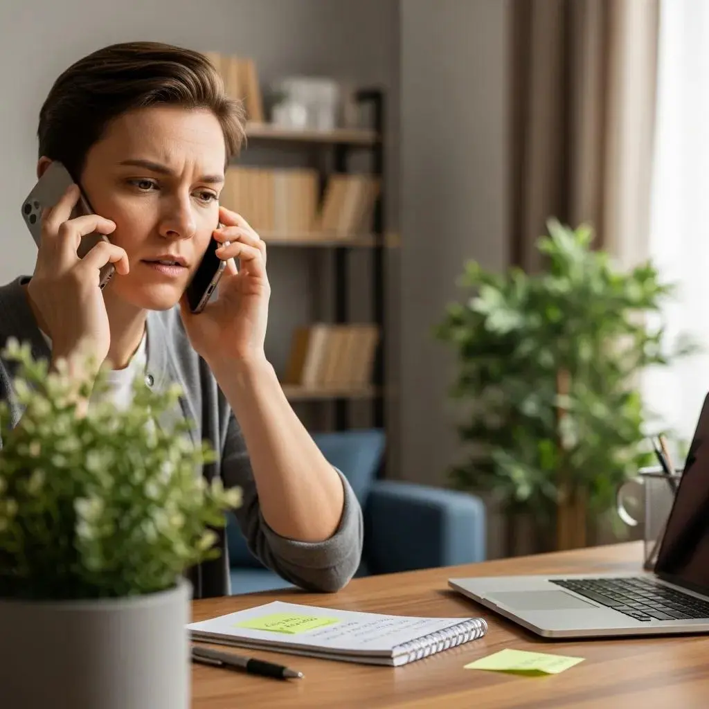 Person on phone calls discussing debt settlement options, with a laptop and notepad on a desk, in a home office setting.