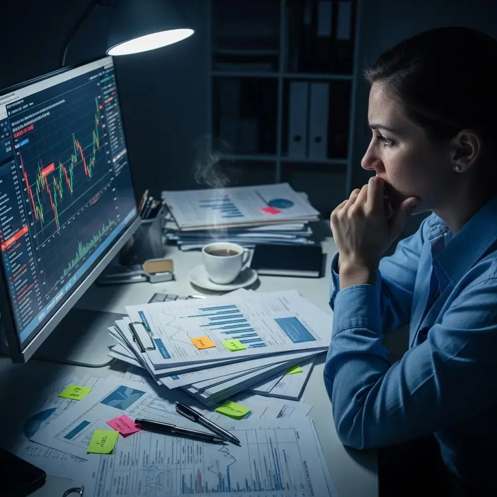 Person analyzing financial data on a computer screen surrounded by paperwork and a steaming cup of coffee, reflecting on debt settlement and bankruptcy options.