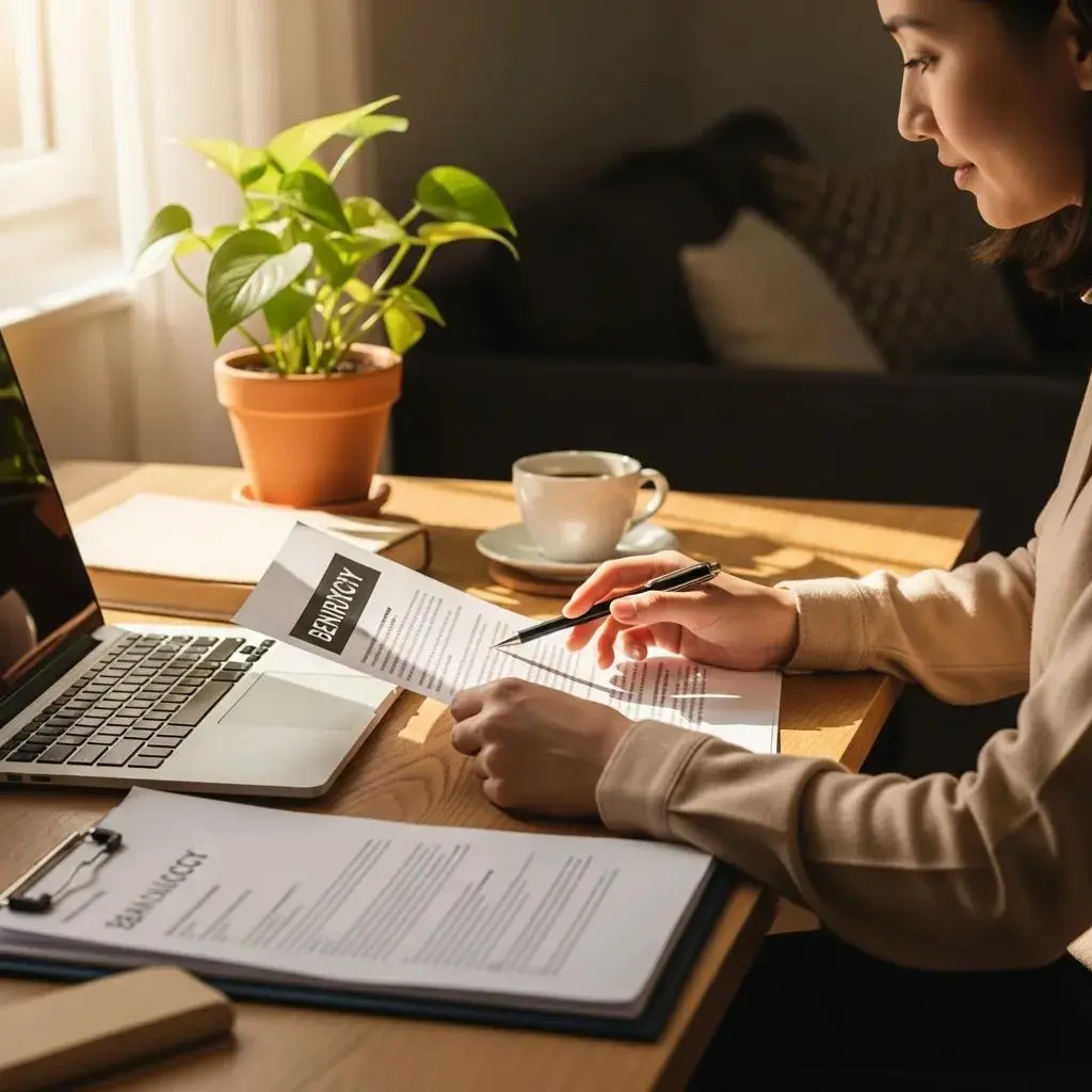 Person reviewing financial documents in a cozy workspace, emphasizing bankruptcy recovery