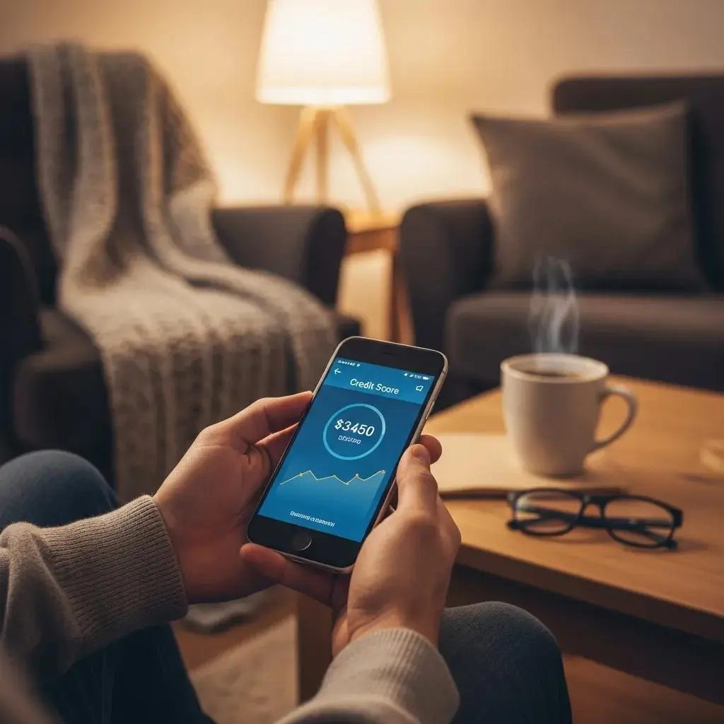 Close-up of hands holding a smartphone with a credit score app in a cozy living room