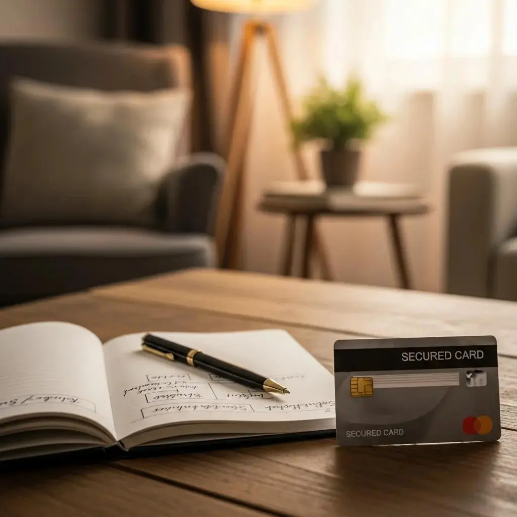 Secured credit card on a table with a notebook and pen, symbolizing credit rebuilding