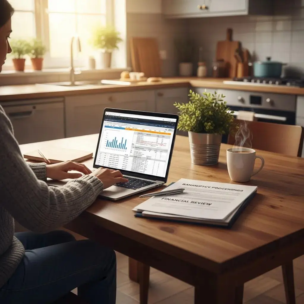 Person using laptop to analyze bankruptcy proceedings data, with financial review documents and coffee cup on table, in a kitchen setting.