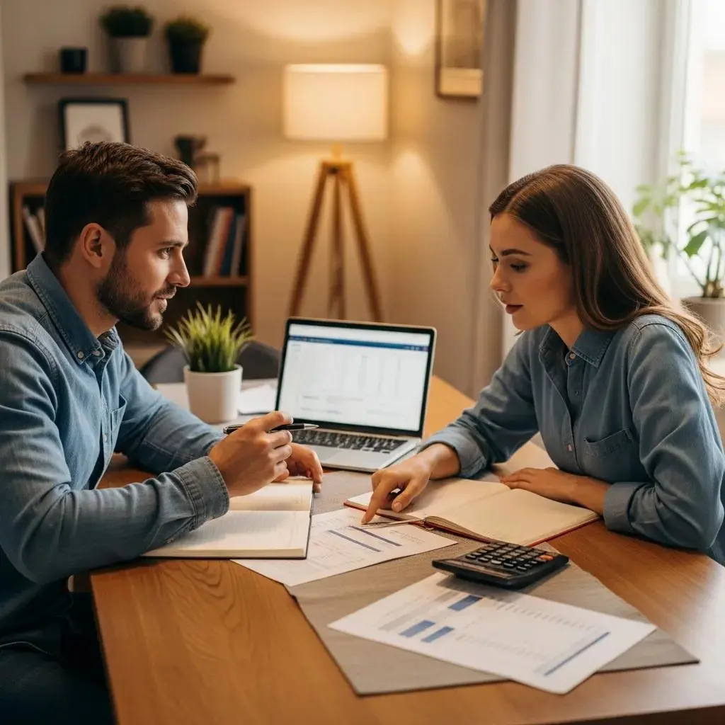 Man and woman discussing financial documents at a table, with a laptop displaying charts and a calculator, illustrating bankruptcy assessment consultation.