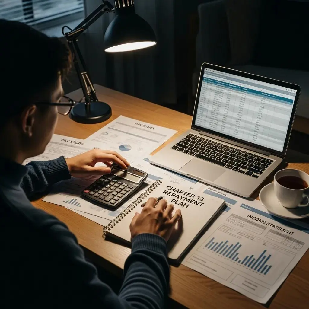 Person calculating finances with a calculator, notebook titled 