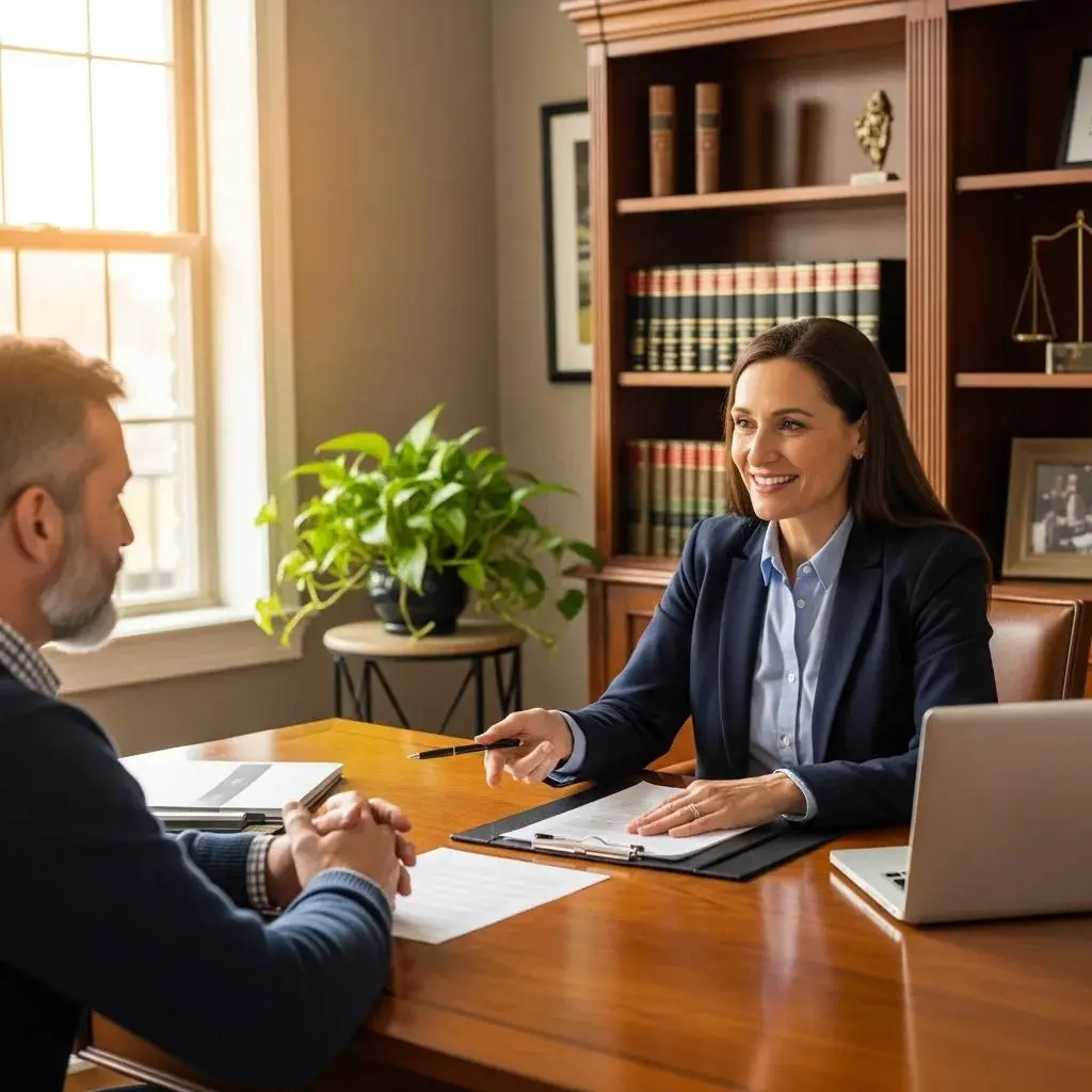 Independent bankruptcy attorney consulting with a client in a cozy office setting