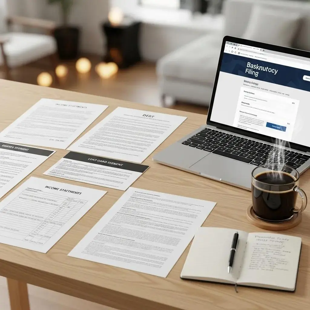 Documents needed for bankruptcy filing arranged on a desk for consultation preparation