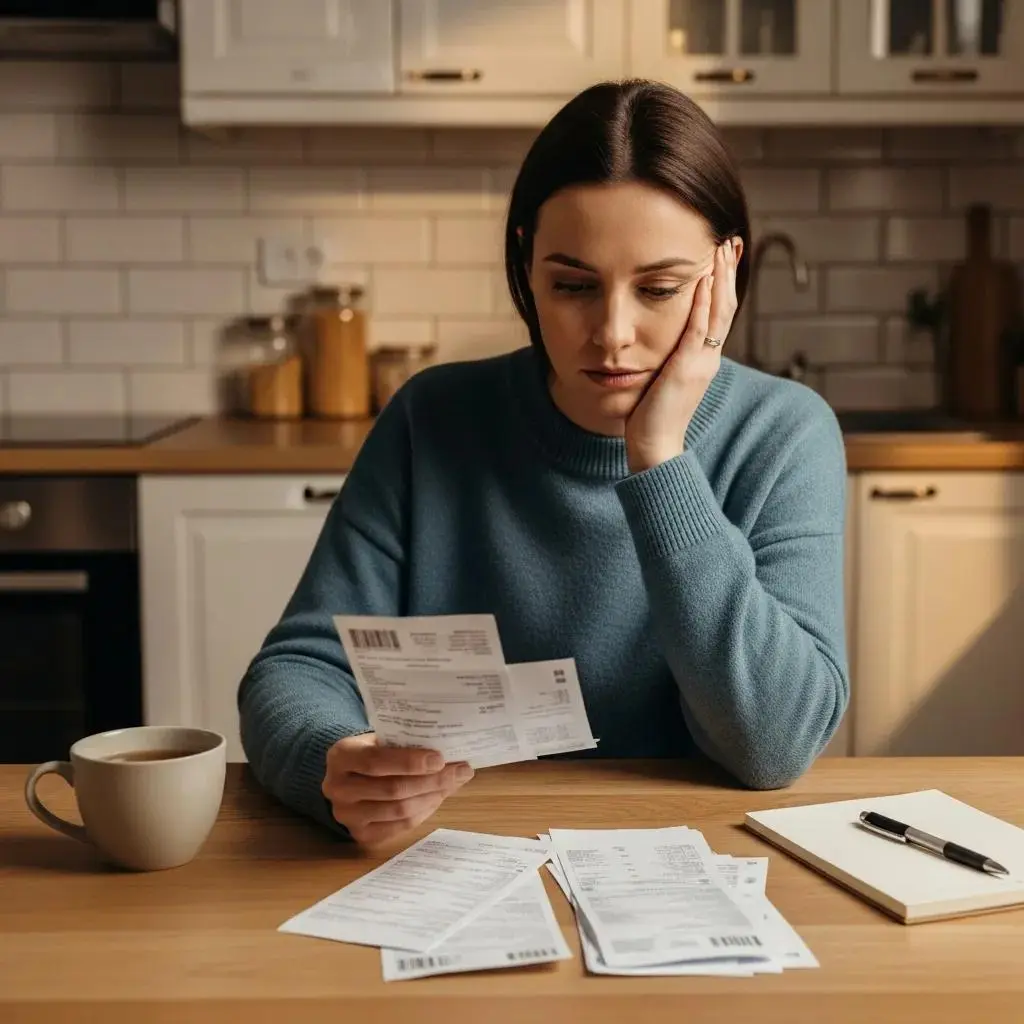 Individual reviewing medical bills at a kitchen table, conveying the emotional impact of medical debt