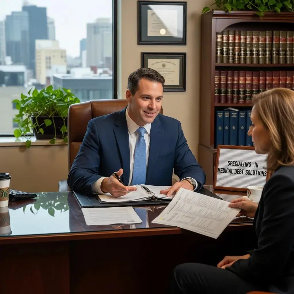 Bankruptcy attorney assisting a client with medical debt relief, showcasing professional support