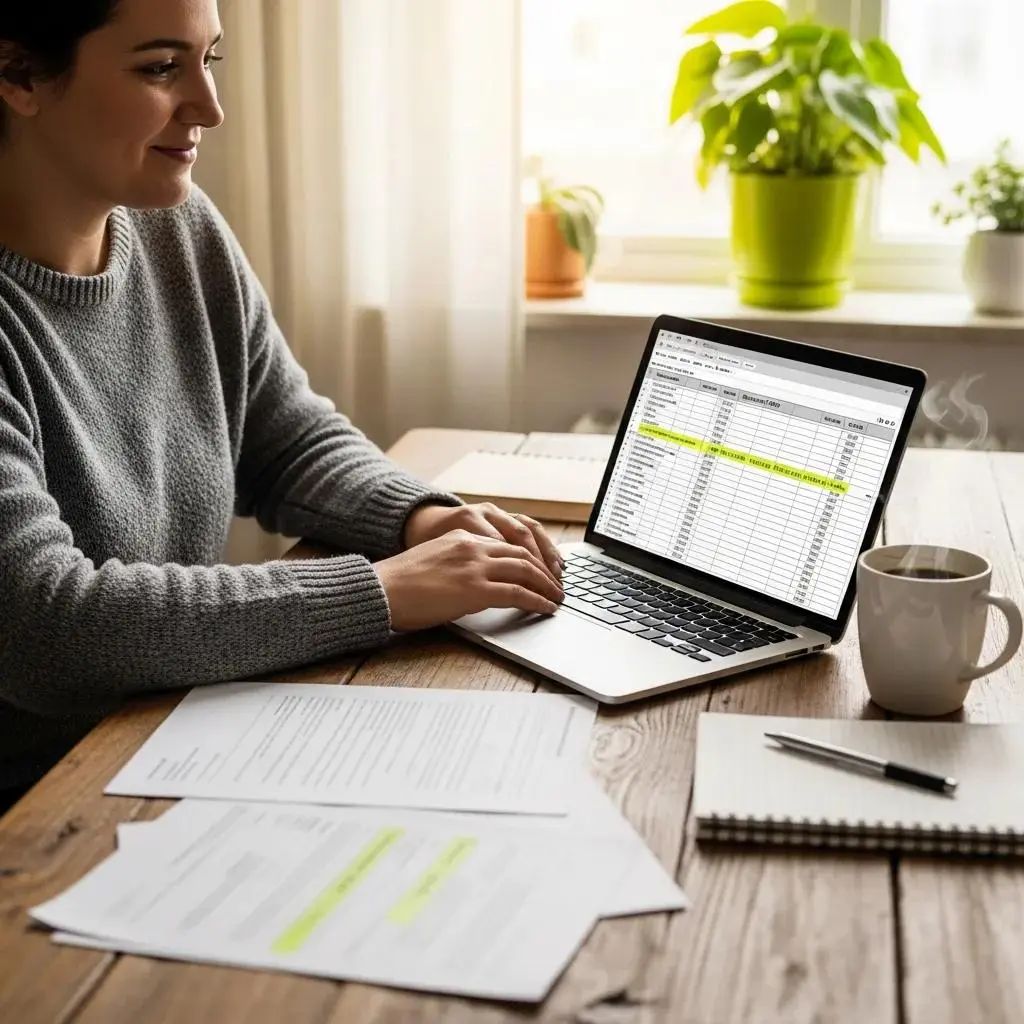Cozy kitchen scene with a person reviewing debt settlement documents on a laptop, emphasizing financial relief