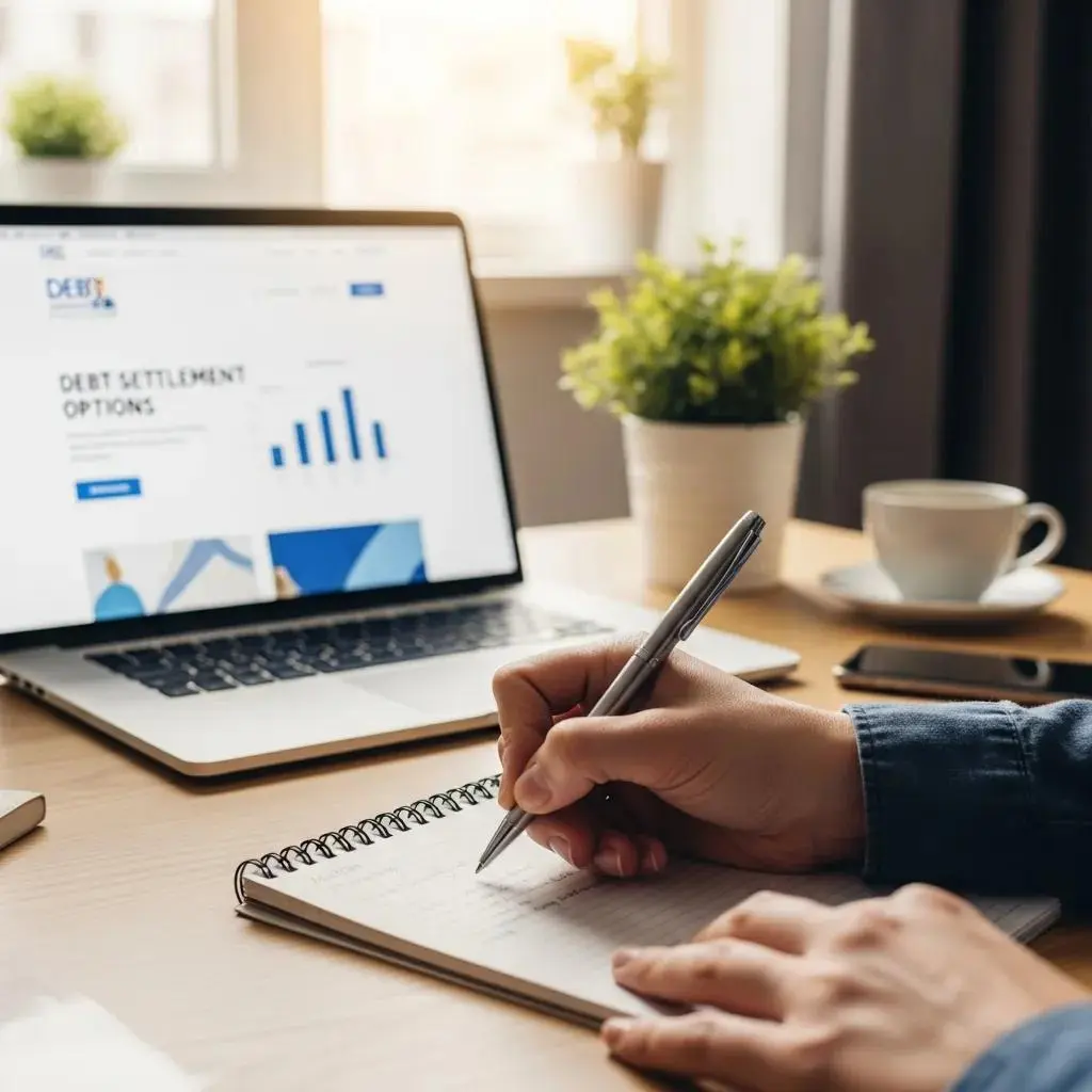 Close-up of hands writing on a notepad with a laptop in the background, illustrating the steps in the debt settlement process