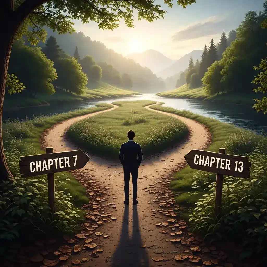 Two diverging paths in a serene landscape representing Chapter 7 and Chapter 13 bankruptcy options