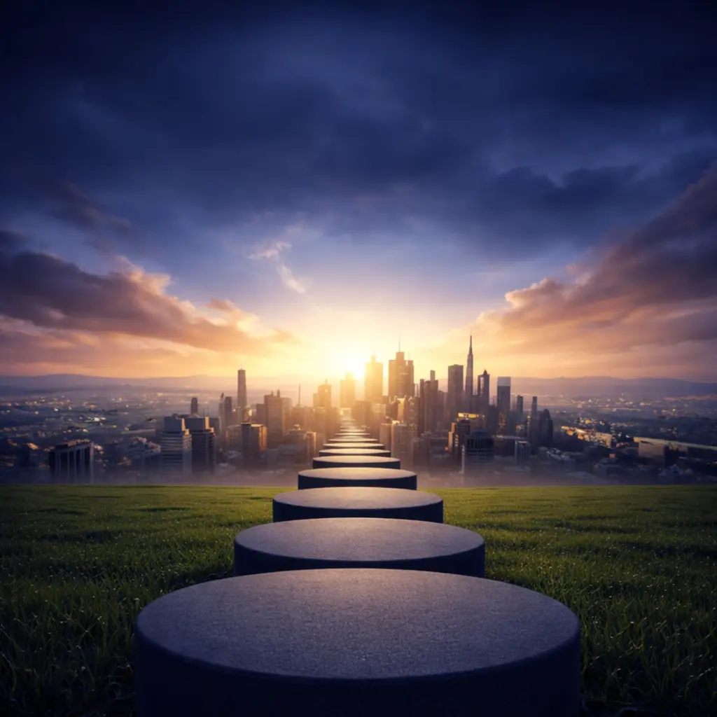 Pathway leading to a city skyline at sunrise, symbolizing new beginnings and opportunities for bankruptcy assistance through BankruptcyPilot.