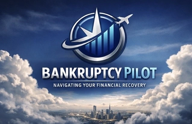 Bankruptcy Pilot logo featuring an airplane and a financial chart, with the tagline 'Navigating Your Financial Recovery' against a cloudy sky background.
